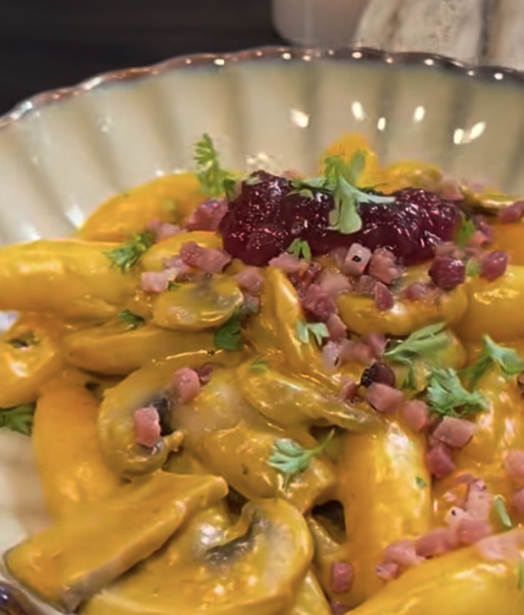 Mushroom and Schupfnudel Casserole with Bacon
