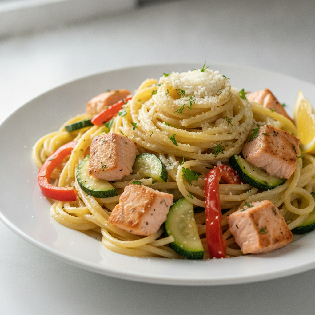 Salmon Vegetable Pasta with Lemon-Dill Sauce