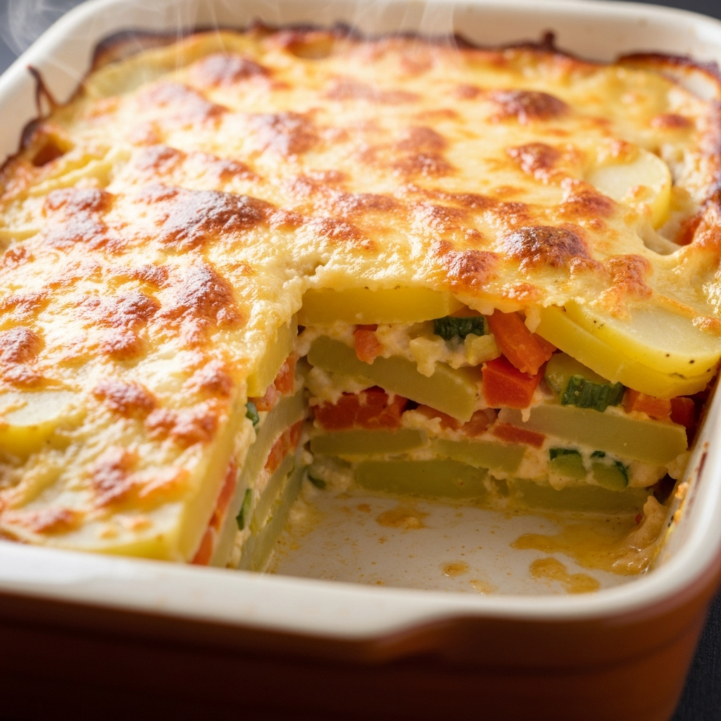 Gemüseauflauf mit Kartoffel-Käse-Haube